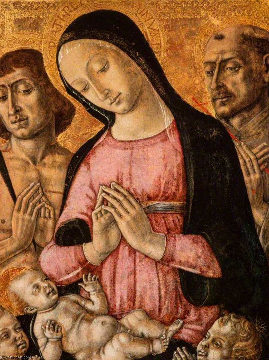 Wikioo.org - The Encyclopedia of Fine Arts - Painting, Artwork by Matteo Di Giovanni - The Virgin and Child with Saint Sebastian, Saint Francis and Angels