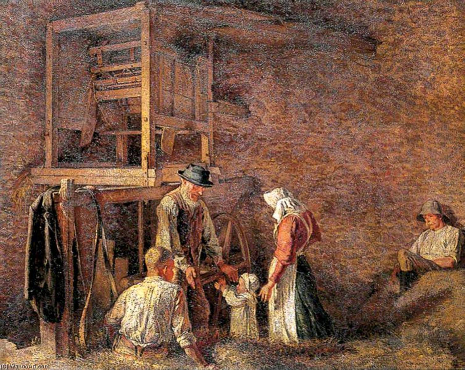Wikioo.org - The Encyclopedia of Fine Arts - Painting, Artwork by Maxwell Gordon Lightfoot - The Interior of a Barn, with Two Labourers Resting and an Old Man about to Embrace a Child Accompanied by a Woman