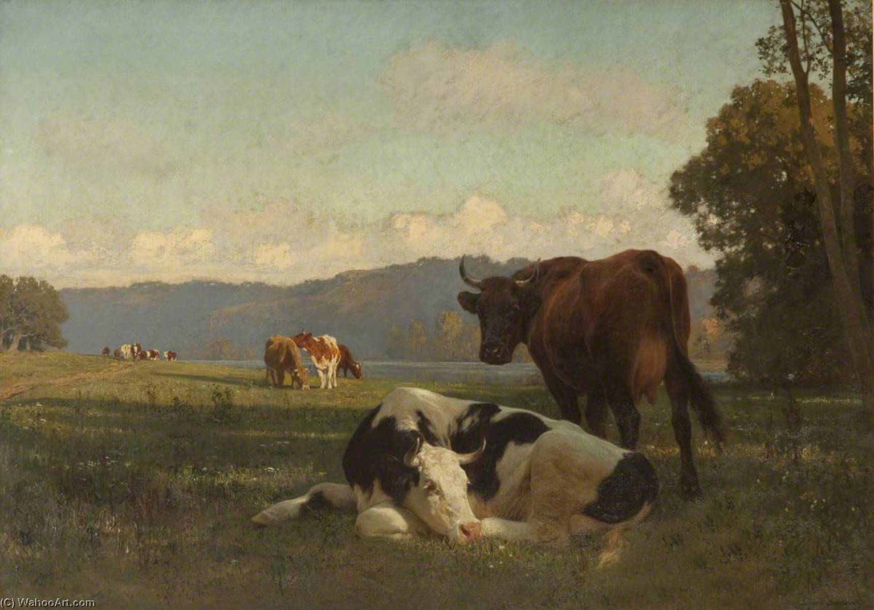 Wikioo.org - The Encyclopedia of Fine Arts - Painting, Artwork by Auguste François Bonheur - Cattle on Riverbank in Auvergne
