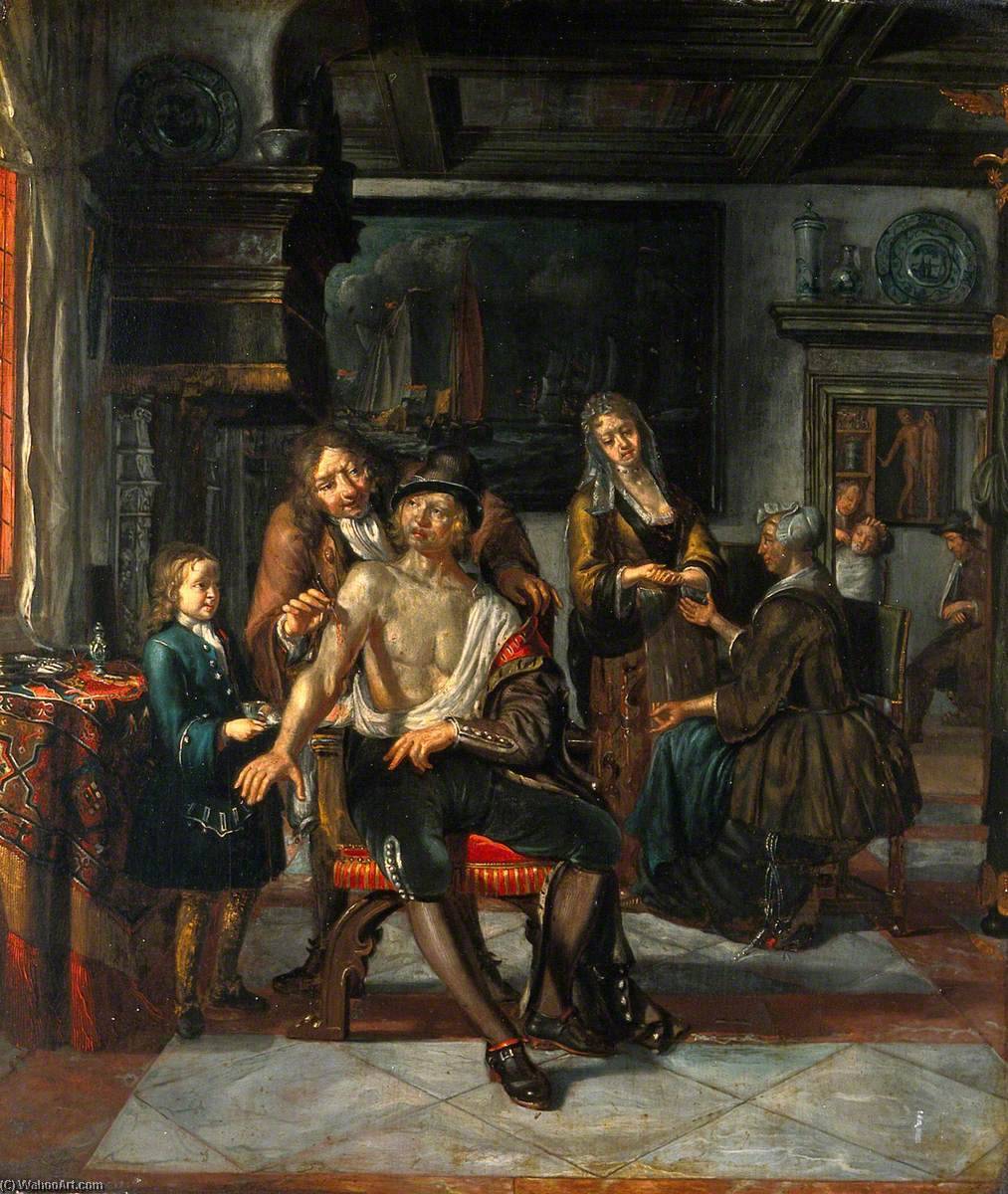 Wikioo.org - The Encyclopedia of Fine Arts - Painting, Artwork by Matthijs Naiveu - Interior of a Surgery with a Surgeon Treating a Wound in the Arm of a Man, with a Boy and Five Other Figures