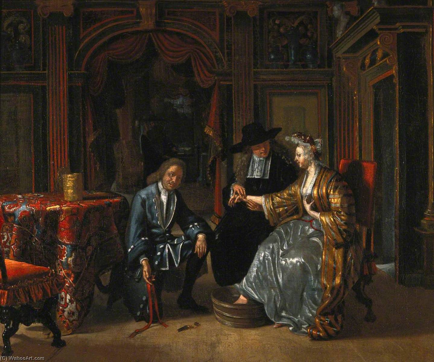 Wikioo.org - The Encyclopedia of Fine Arts - Painting, Artwork by Matthijs Naiveu - A Physician Taking the Pulse of a Woman and a Surgeon Preparing to Let Blood from Her Foot
