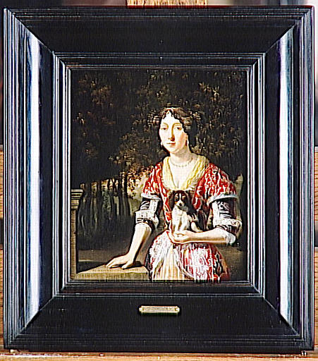 Wikioo.org - The Encyclopedia of Fine Arts - Painting, Artwork by Matthijs Naiveu - PORTRAIT D'UNE JEUNE FEMME TENANT UN PETIT CHIEN