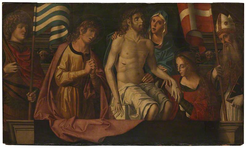 Wikioo.org - The Encyclopedia of Fine Arts - Painting, Artwork by Marco Palmezzano - The Dead Christ in the Tomb, with the Virgin Mary and Saints