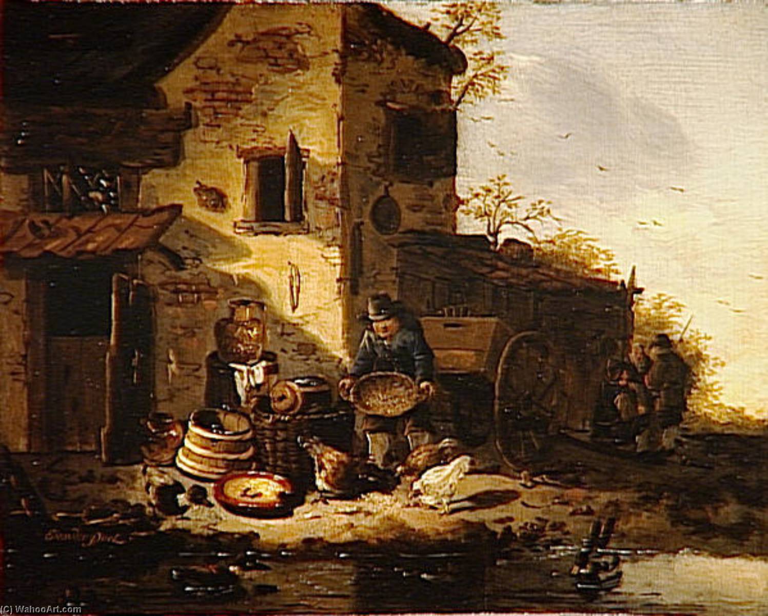 Wikioo.org - The Encyclopedia of Fine Arts - Painting, Artwork by Egbert Van Der Poel - PAYSAN DONNANT A MANGER A DES POULES