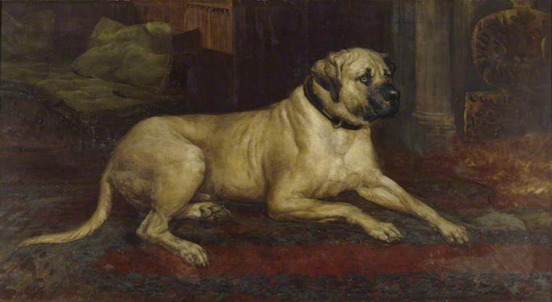 Wikioo.org - The Encyclopedia of Fine Arts - Painting, Artwork by John Trivett Nettleship - A Lyme Mastiff 'Lion' in the Entrance Hall at Lyme