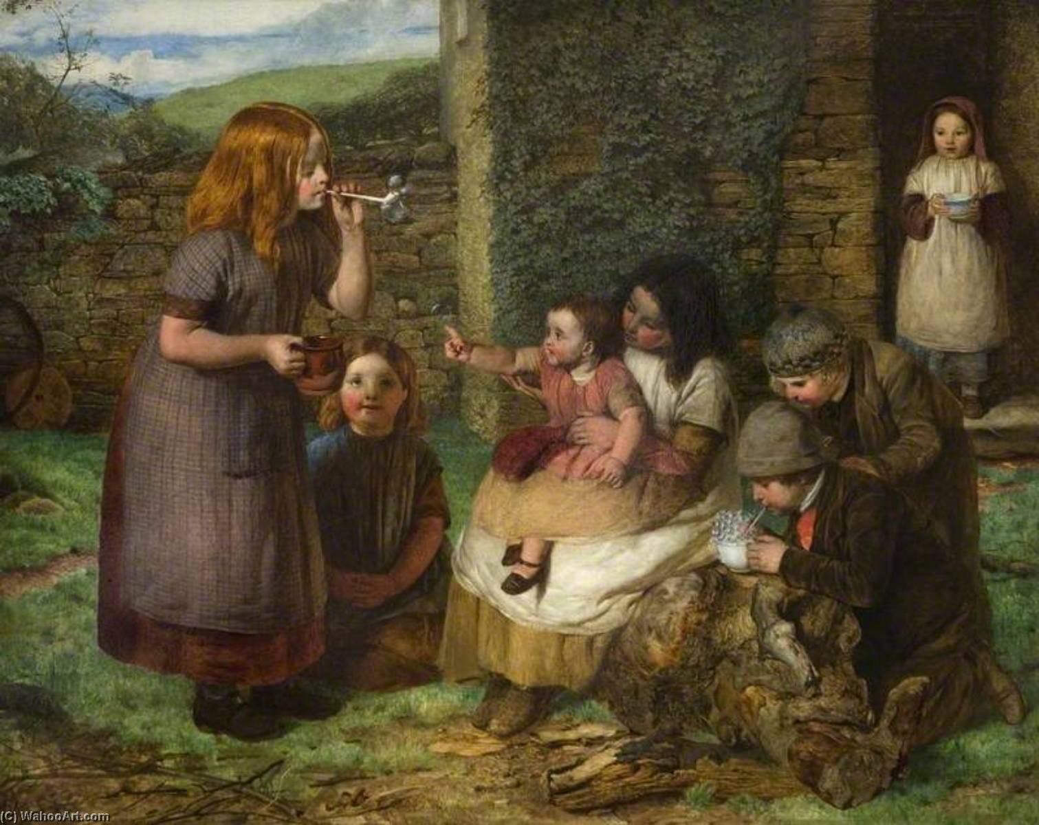 Wikioo.org - The Encyclopedia of Fine Arts - Painting, Artwork by John Dawson Watson - Bubbles, Cottage Scene with Children