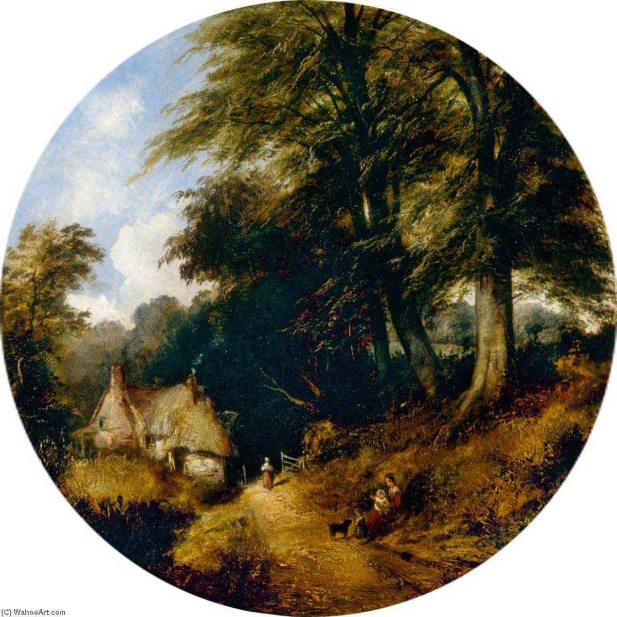 Wikioo.org - The Encyclopedia of Fine Arts - Painting, Artwork by Henry Jutsum - Country Lane with a Cottage