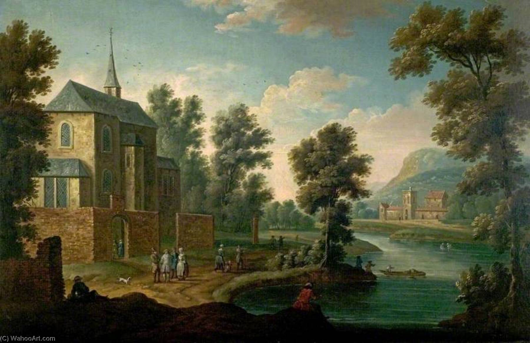 Wikioo.org - The Encyclopedia of Fine Arts - Painting, Artwork by Thomas Smith - River Scene with a Road by a Church