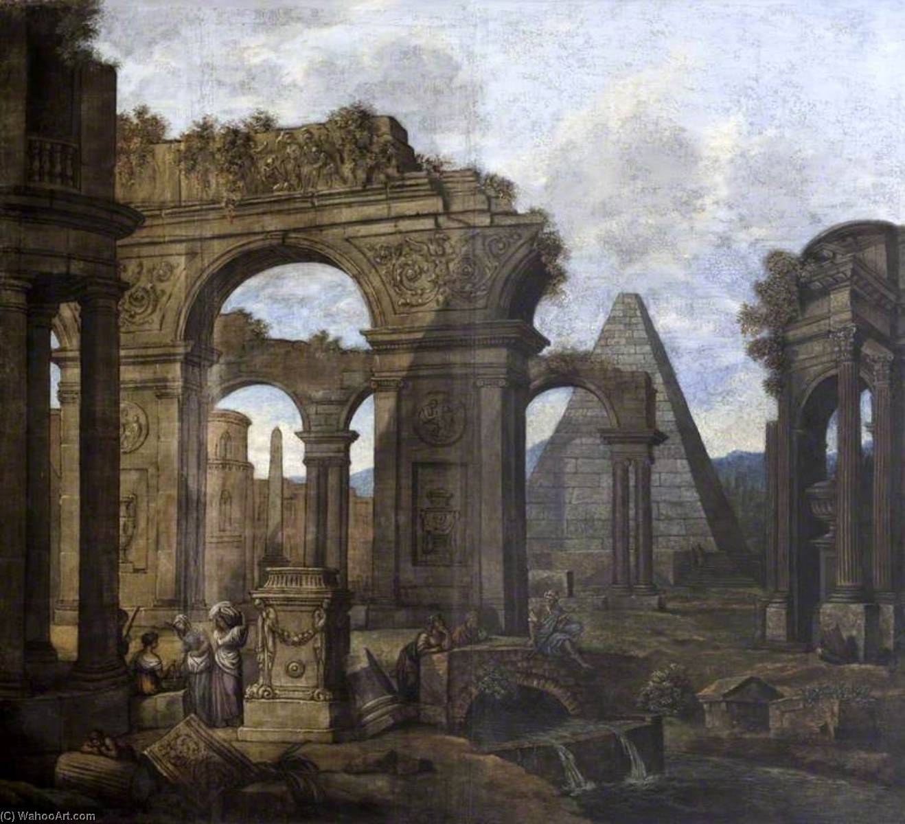 Wikioo.org - The Encyclopedia of Fine Arts - Painting, Artwork by Pietro Paltronieri - Capriccio Antique Ruins with a Pyramid