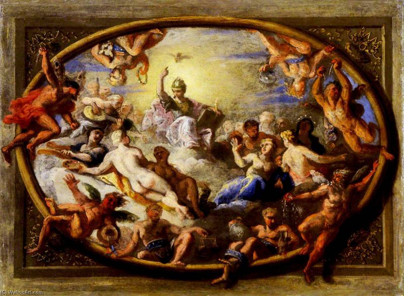 Wikioo.org - สารานุกรมวิจิตรศิลป์ - จิตรกรรม Antonio Verrio - Minerva with Allegorical Figures of the Arts and Sciences (sketch for the ceiling of the Banqueting House, Hampton Court Palace)