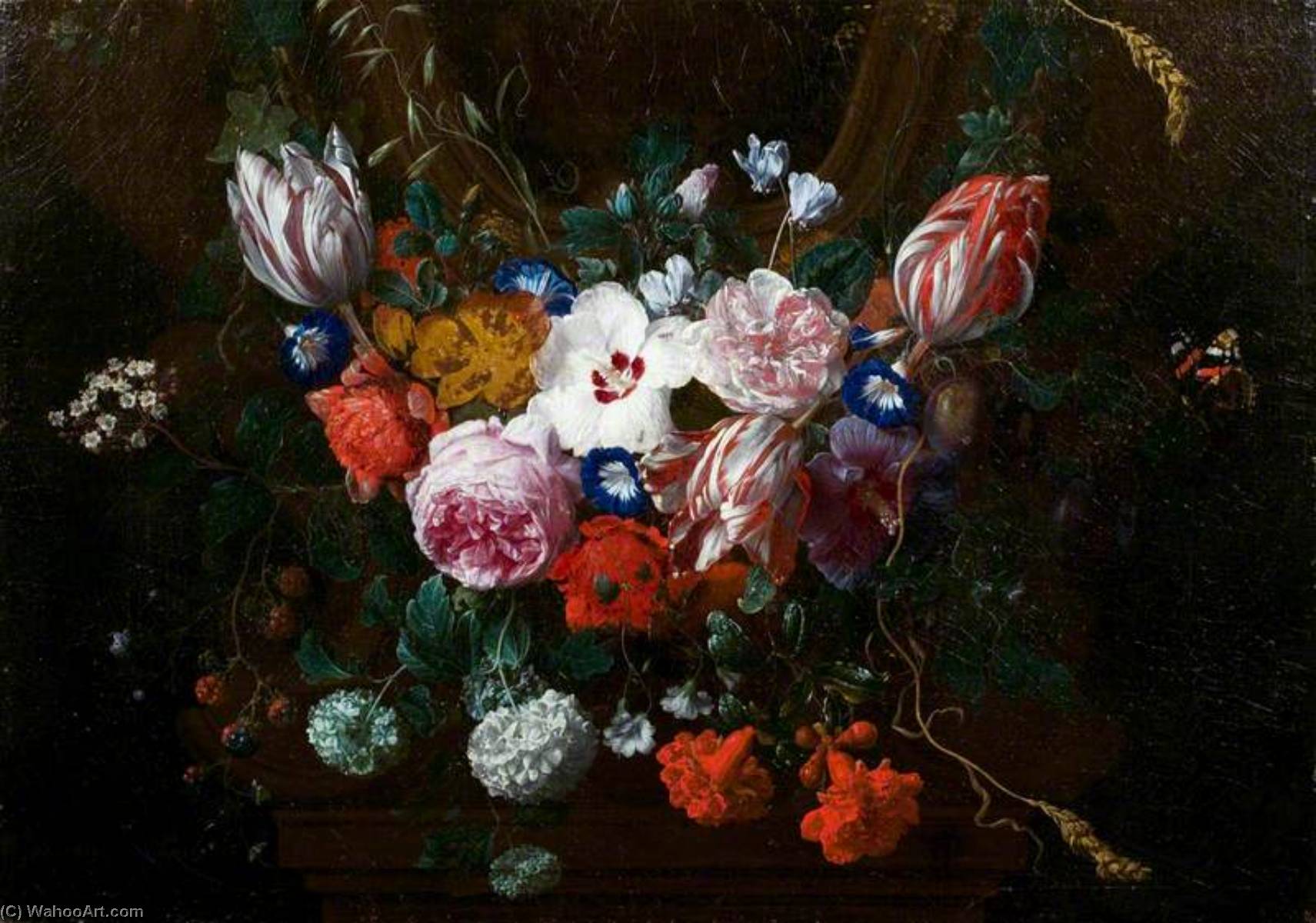 Wikioo.org - The Encyclopedia of Fine Arts - Painting, Artwork by Nicolaes Van Verendael - Flowers beneath a Cartouche