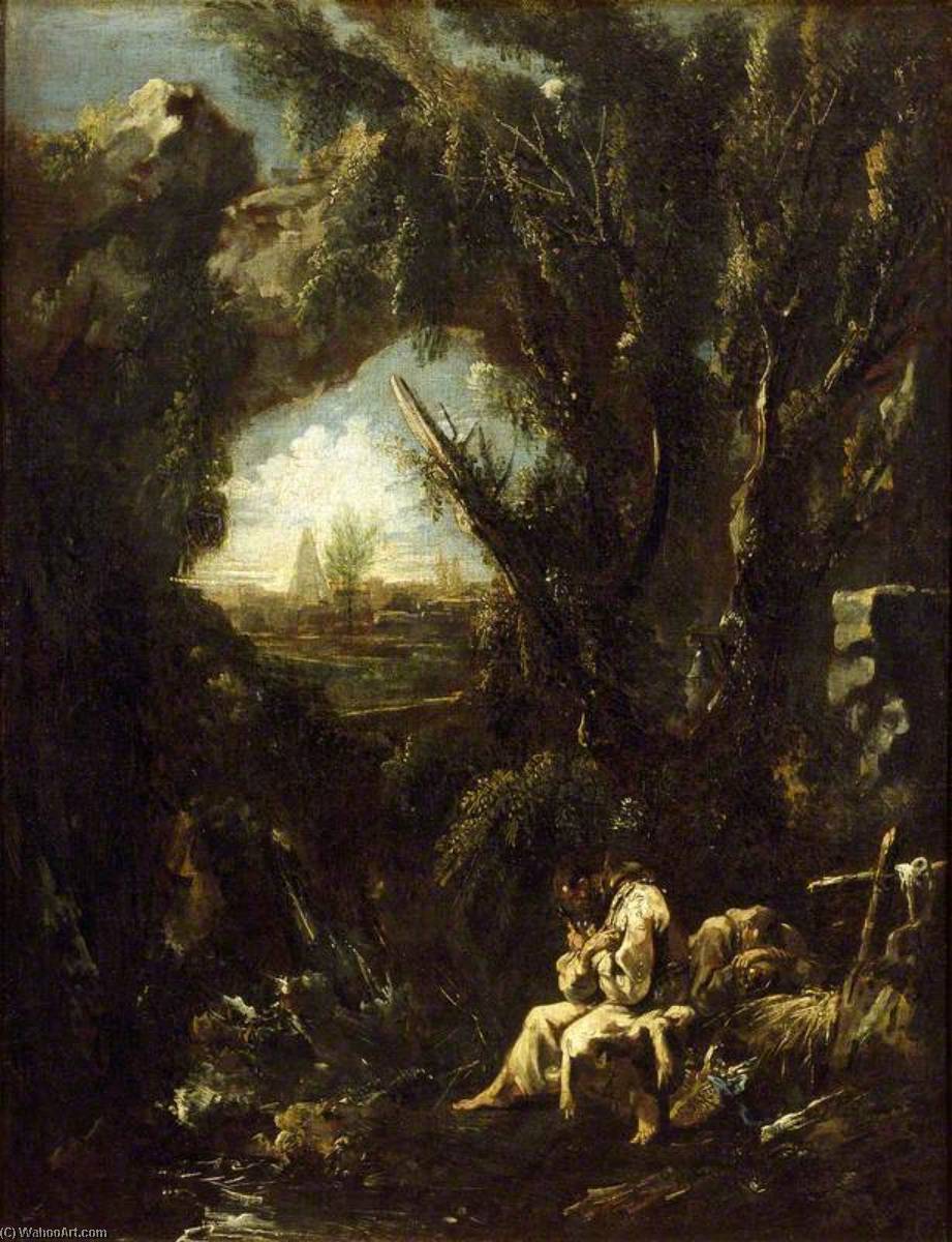 Wikioo.org - The Encyclopedia of Fine Arts - Painting, Artwork by Alessandro Magnasco - Landscape with two Hermits in meditation