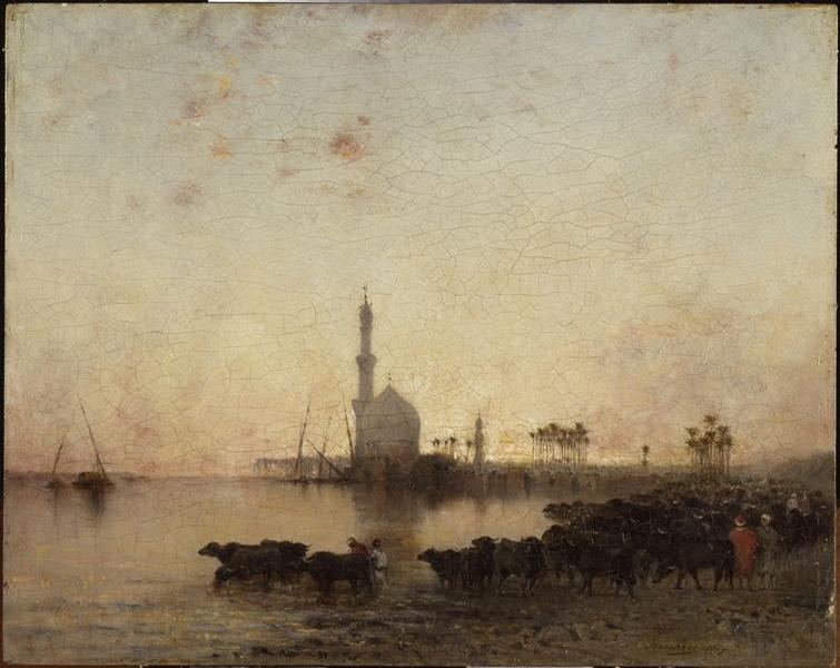 Wikioo.org - The Encyclopedia of Fine Arts - Painting, Artwork by Narcisse Berchère - L'Abreuvoir au crépuscule en Egypte