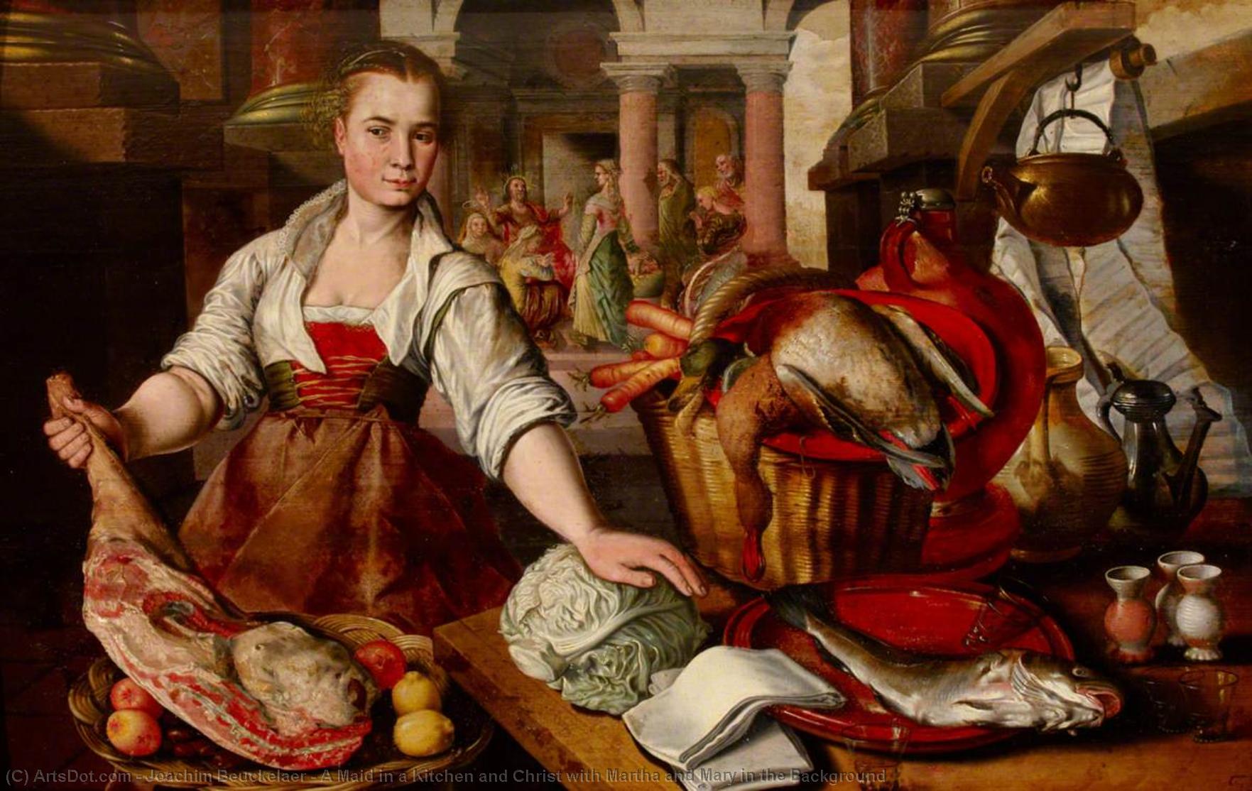 WikiOO.org - Enciclopédia das Belas Artes - Pintura, Arte por Joachim Beuckelaer - A Maid in a Kitchen and Christ with Martha and Mary in the Background