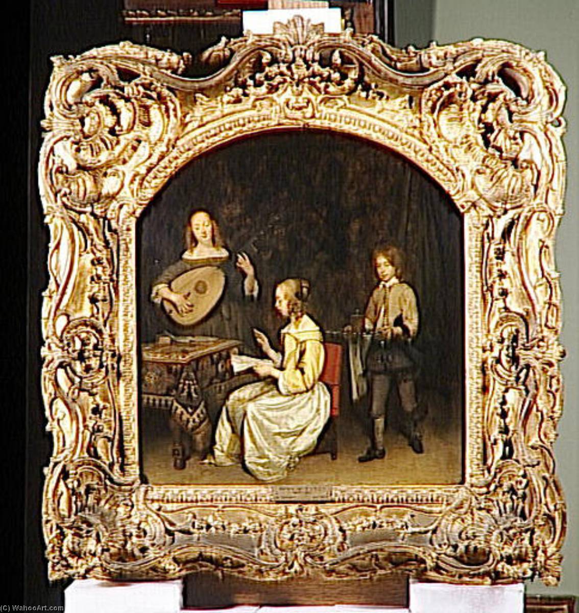 Wikioo.org - The Encyclopedia of Fine Arts - Painting, Artwork by Gerard Ter Borch - LE CONCERT CHANTEUSE ET JOUEUSE DE LUTH THEORBE