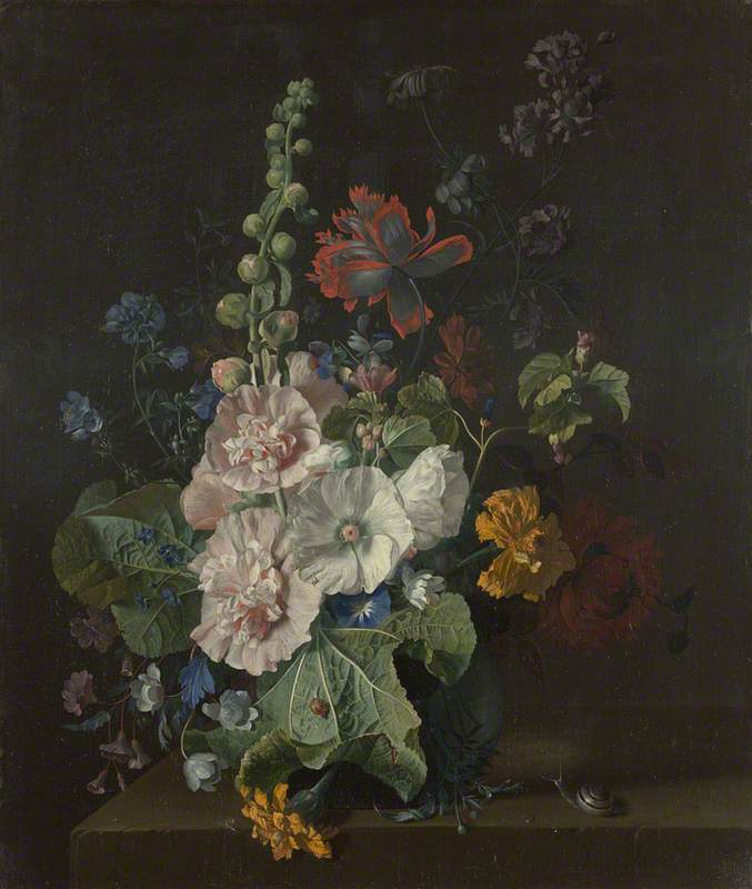 Wikioo.org - The Encyclopedia of Fine Arts - Painting, Artwork by Jan Van Huysum - Hollyhocks and Other Flowers in a Vase