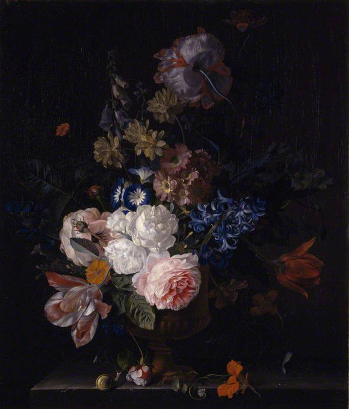 Wikioo.org - The Encyclopedia of Fine Arts - Painting, Artwork by Jan Van Huysum - Still Life with Roses, Tulips, Hyacinths and Other Flowers in a Classical Urn