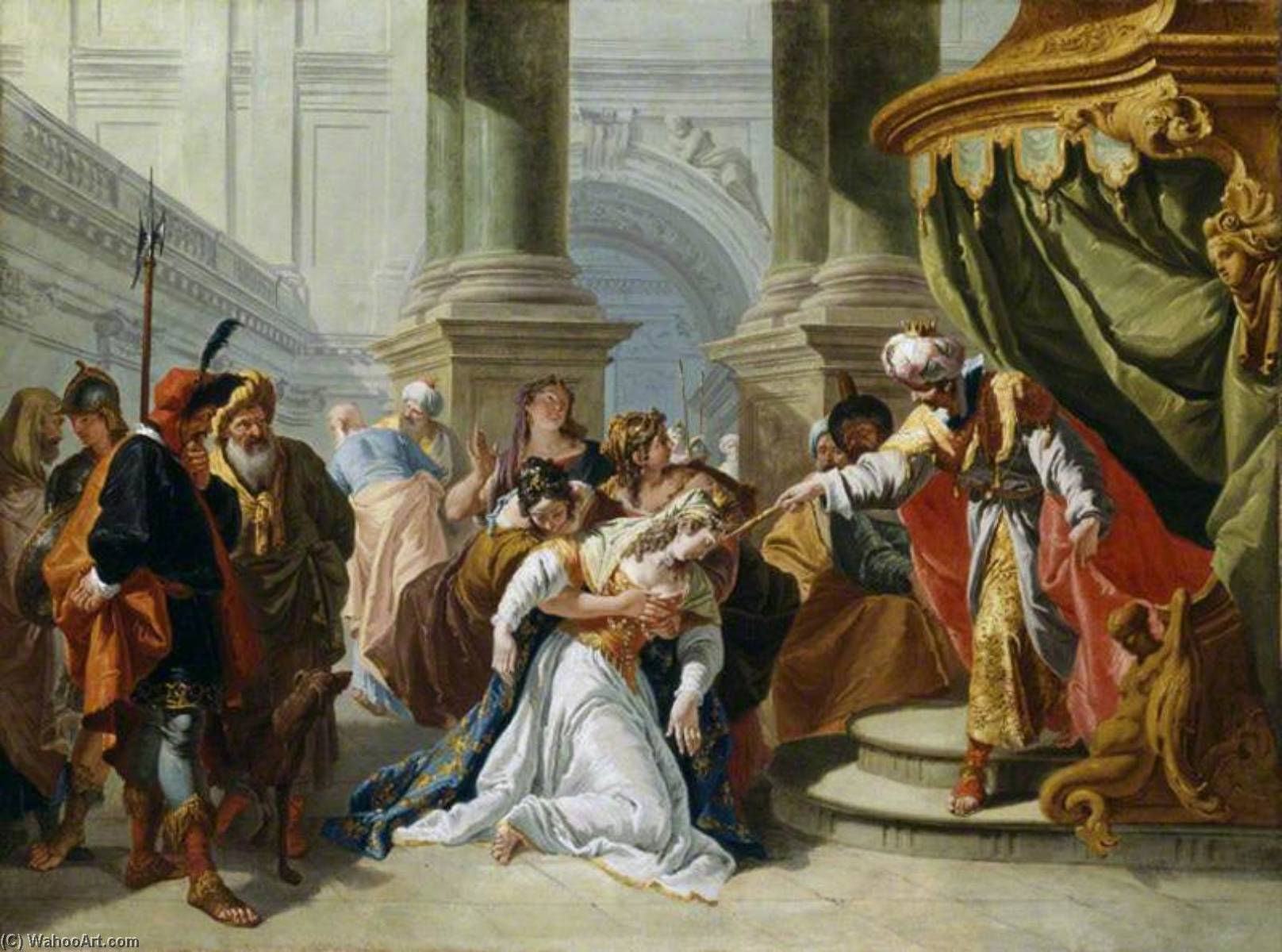 Wikioo.org - The Encyclopedia of Fine Arts - Painting, Artwork by Francesco Fontebasso - Esther Fainting before King Ahasuerus