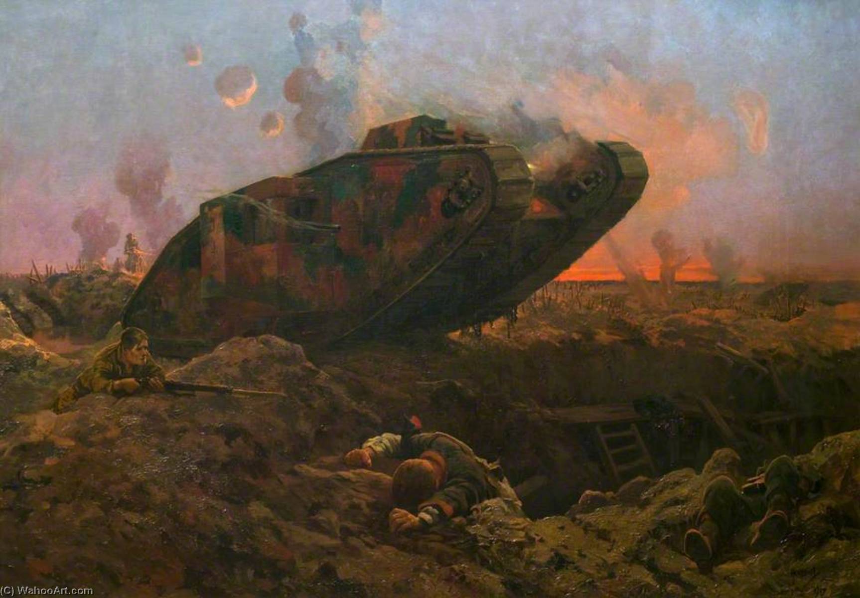 Wikioo.org - The Encyclopedia of Fine Arts - Painting, Artwork by John Hassall - A Tank in Action