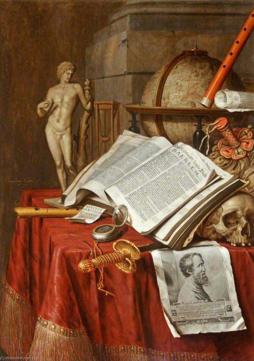 WikiOO.org - 백과 사전 - 회화, 삽화 Edwaert Collier - Vanitas Still Life with a Statuette of an Antique Athlete and a Print of Michelangelo