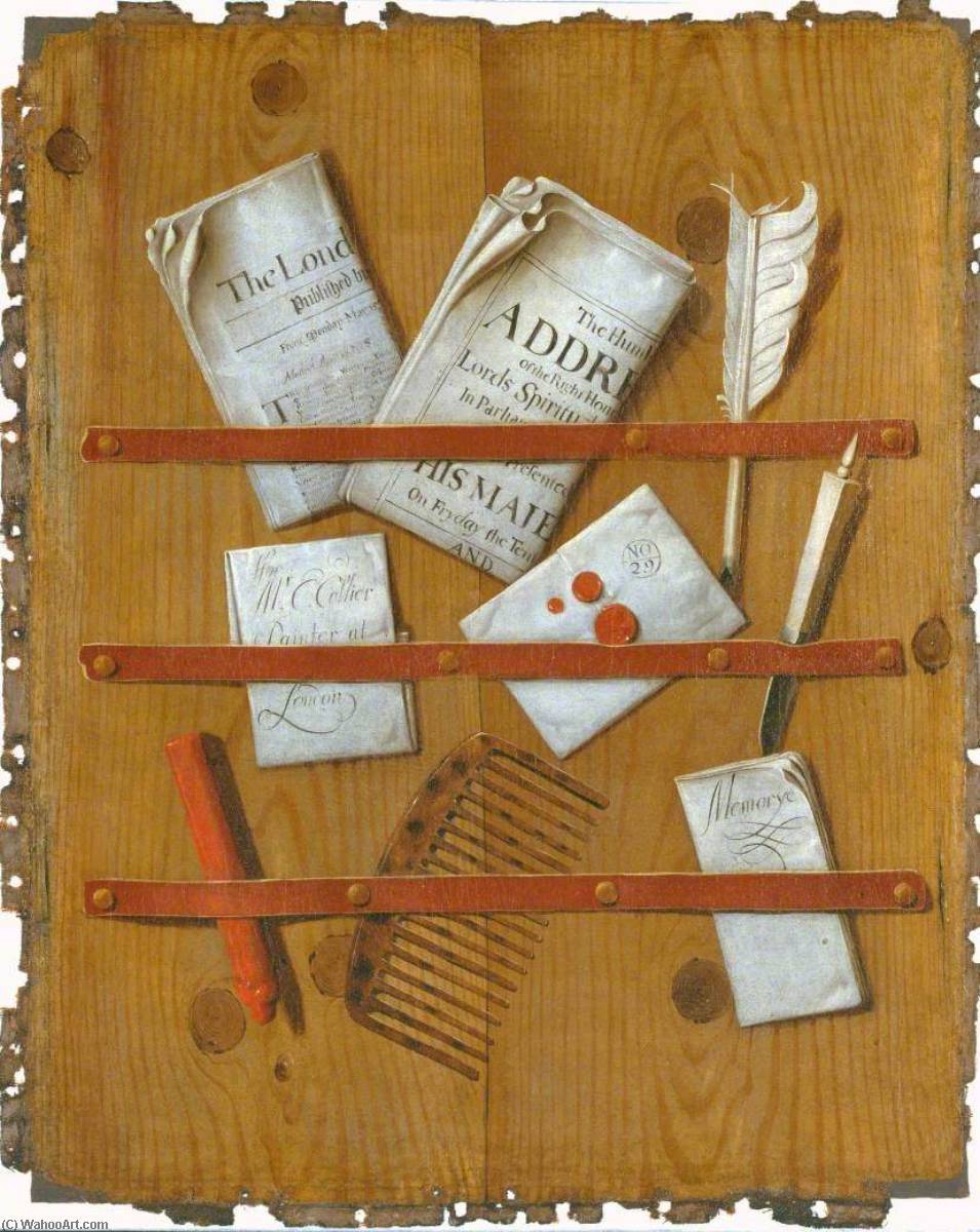 Wikioo.org - The Encyclopedia of Fine Arts - Painting, Artwork by Edwaert Collier - A Trompe l'oeil of Newspapers, Letters and Writing Implements on a Wooden Board