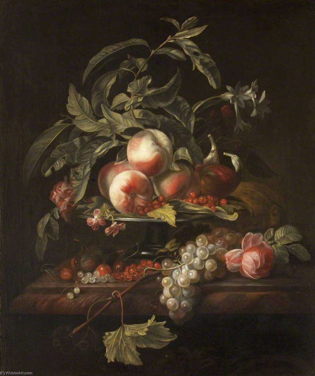 Wikioo.org - The Encyclopedia of Fine Arts - Painting, Artwork by Herman Verelst - Peaches, Grapes and Redcurrants on a Ledge