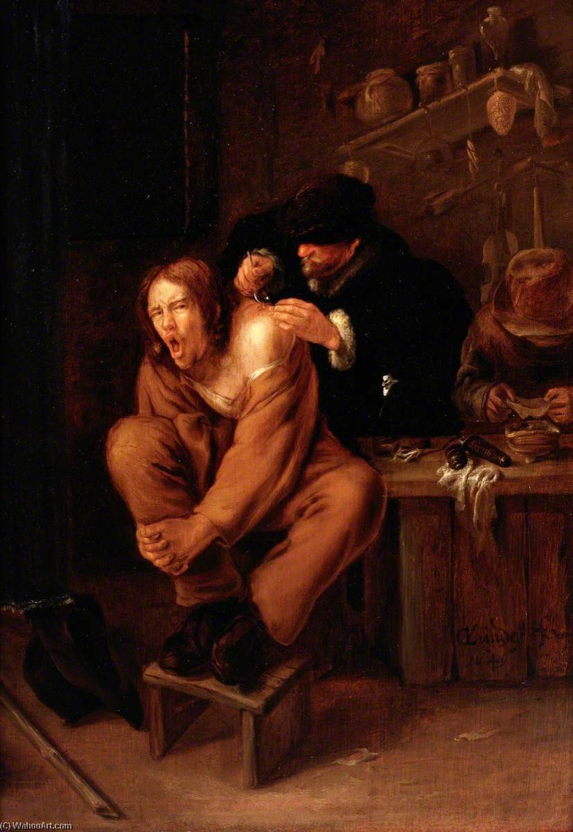 Wikioo.org - The Encyclopedia of Fine Arts - Painting, Artwork by Gerrit Lundens - A Surgeon Applying Medicine to a Wound in the Shoulder of a Man in Pain