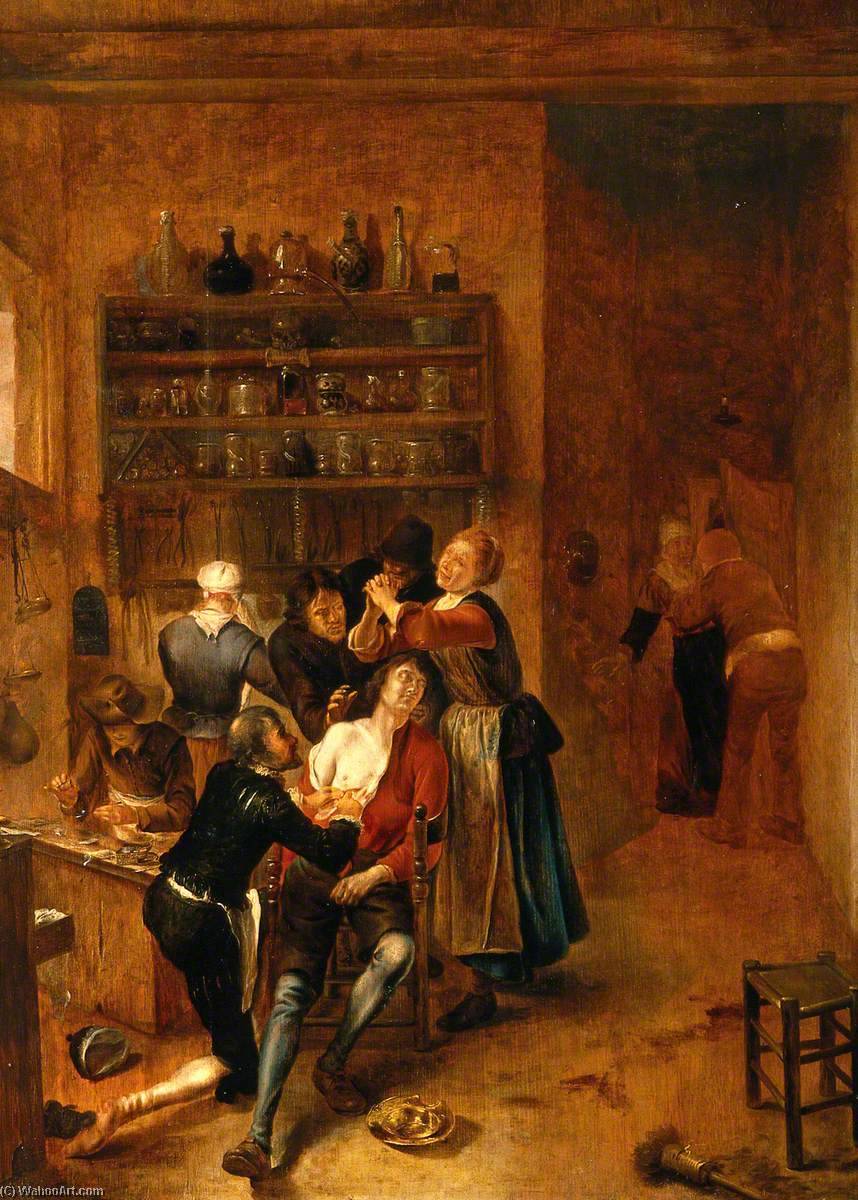 Wikioo.org - The Encyclopedia of Fine Arts - Painting, Artwork by Gerrit Lundens - Interior with a Surgeon Attending to a Chest Wound