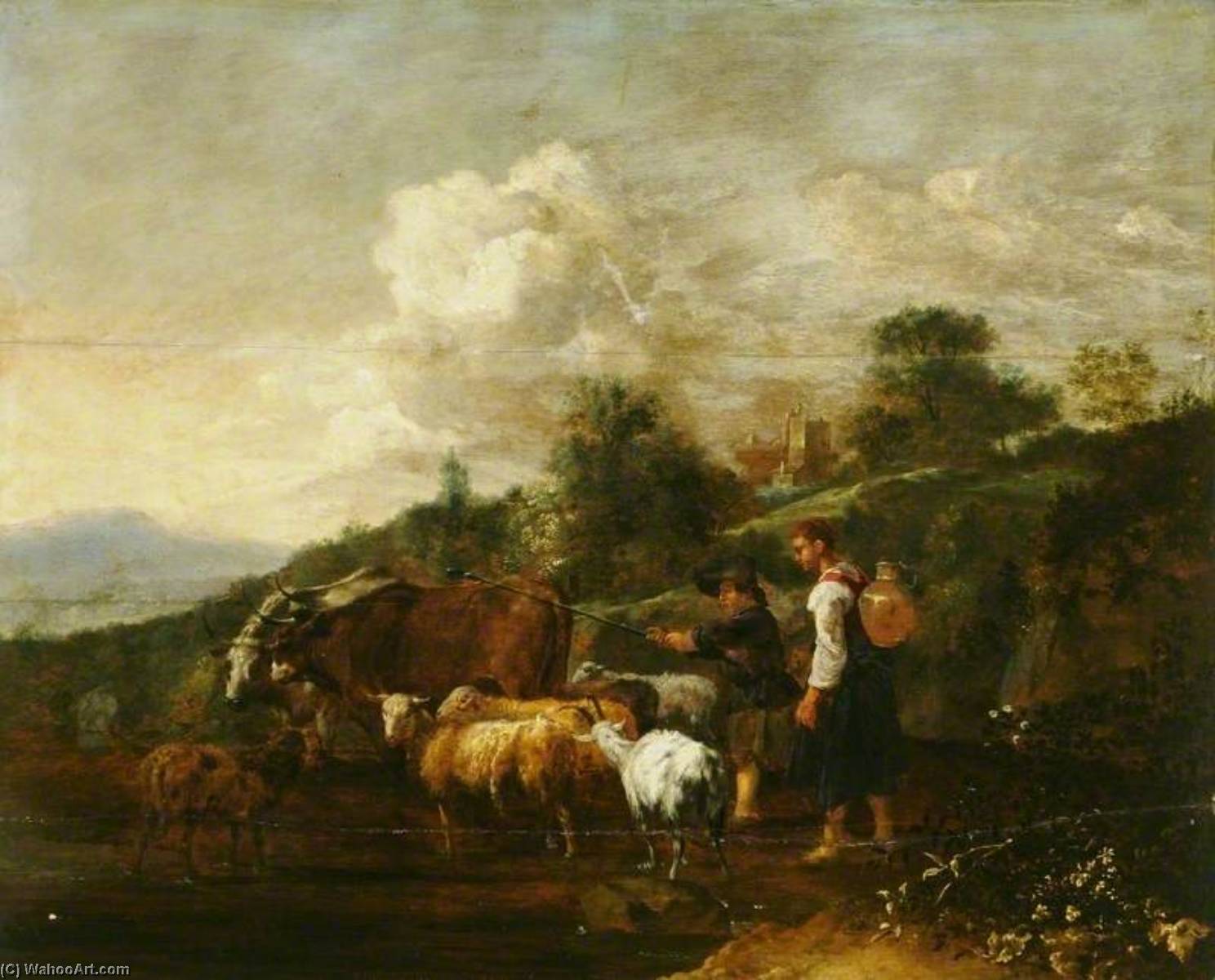 Wikioo.org - The Encyclopedia of Fine Arts - Painting, Artwork by Hendrick Mommers - River Landscape with Herders and Animals