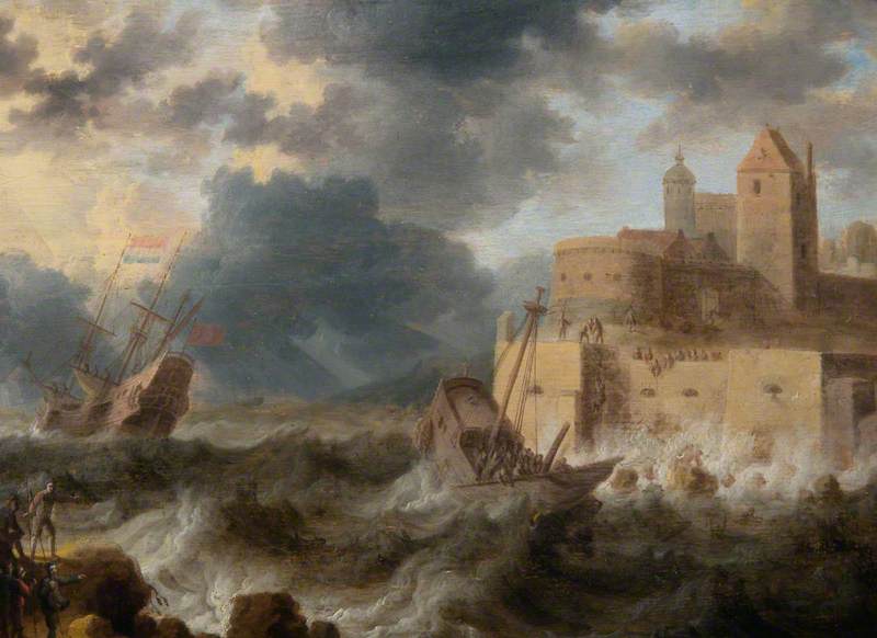 Wikioo.org - The Encyclopedia of Fine Arts - Painting, Artwork by Bonaventura Peeters I - A Vessel Wrecked beneath a Fort in a Storm