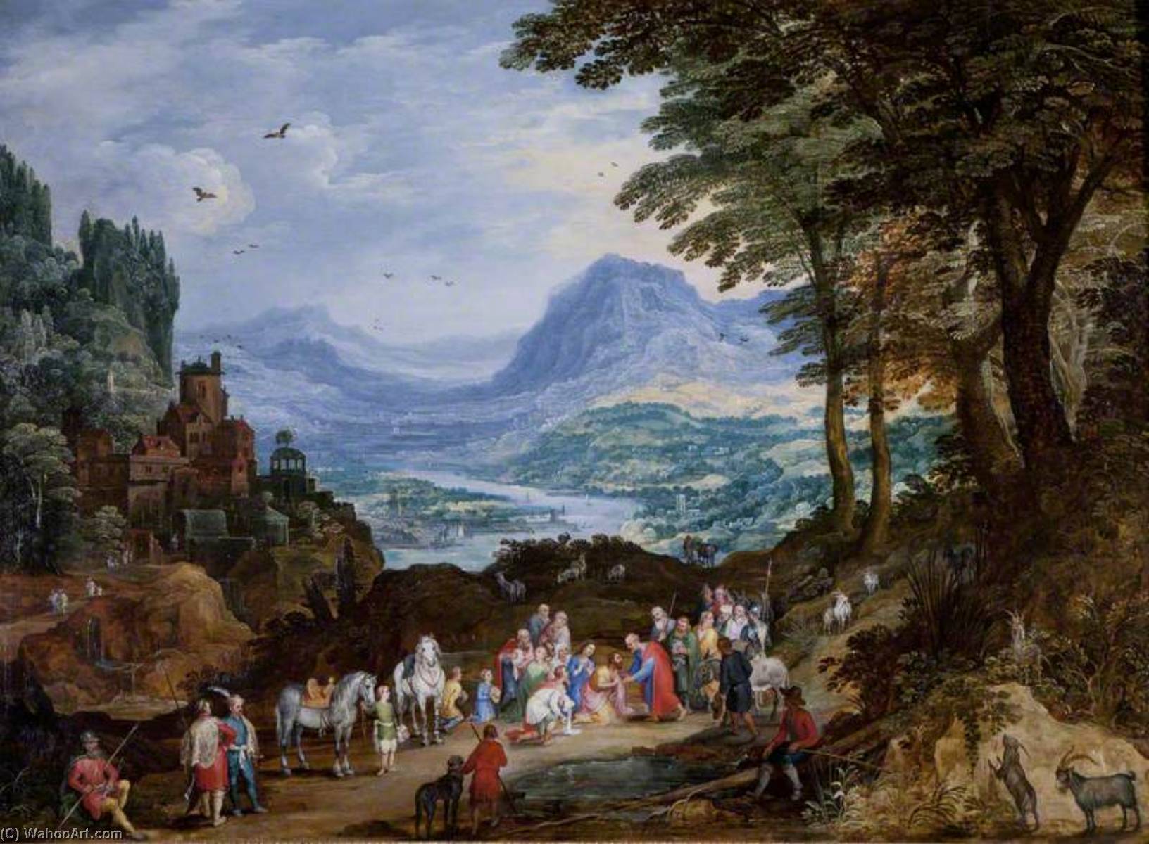 Wikioo.org - The Encyclopedia of Fine Arts - Painting, Artwork by Joos De Momper The Younger - A Mountainous Road Scene with the Story of Saint Peter and Cornelius