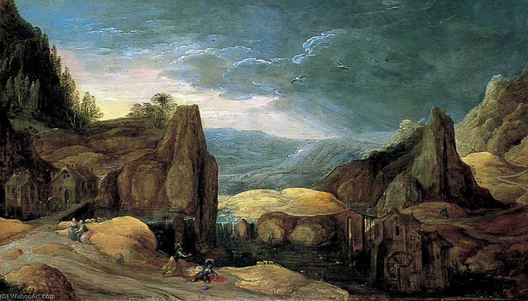 Wikioo.org - The Encyclopedia of Fine Arts - Painting, Artwork by Joos De Momper The Younger - Landscape with Minerva Expelling Mars to Protect Peace and Plenty