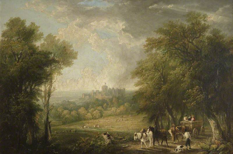 Wikioo.org - The Encyclopedia of Fine Arts - Painting, Artwork by Arthur James Stark - View of Windsor from the Forest with Travellers in a Horse Drawn Cart