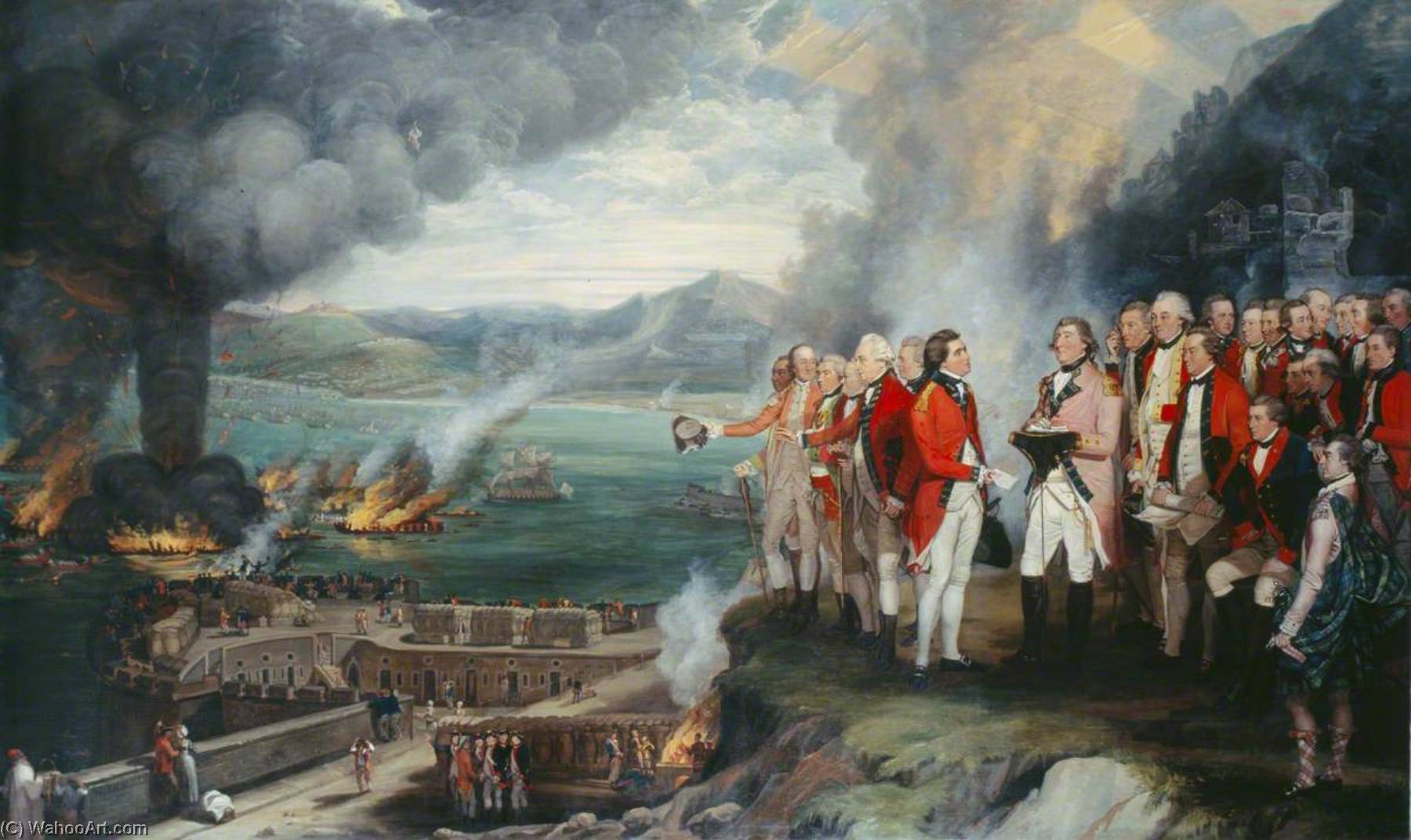 Wikioo.org - The Encyclopedia of Fine Arts - Painting, Artwork by George Carter - General Eliott (1717–1790), and His Officers Observing the Destruction of the Floating Batteries, Gibraltar, 14 September 1782