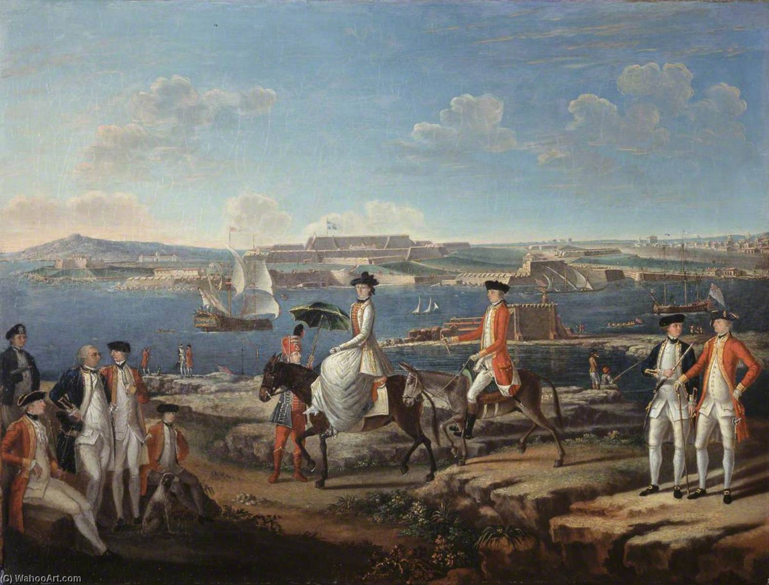 Wikioo.org - The Encyclopedia of Fine Arts - Painting, Artwork by Giuseppe Chiesa - Lady Johnstone, Wife of the Governor of Menorca, Accompanied by Officers of the 25th Regiment of Foot and the Royal Navy, and a Naval Seaman