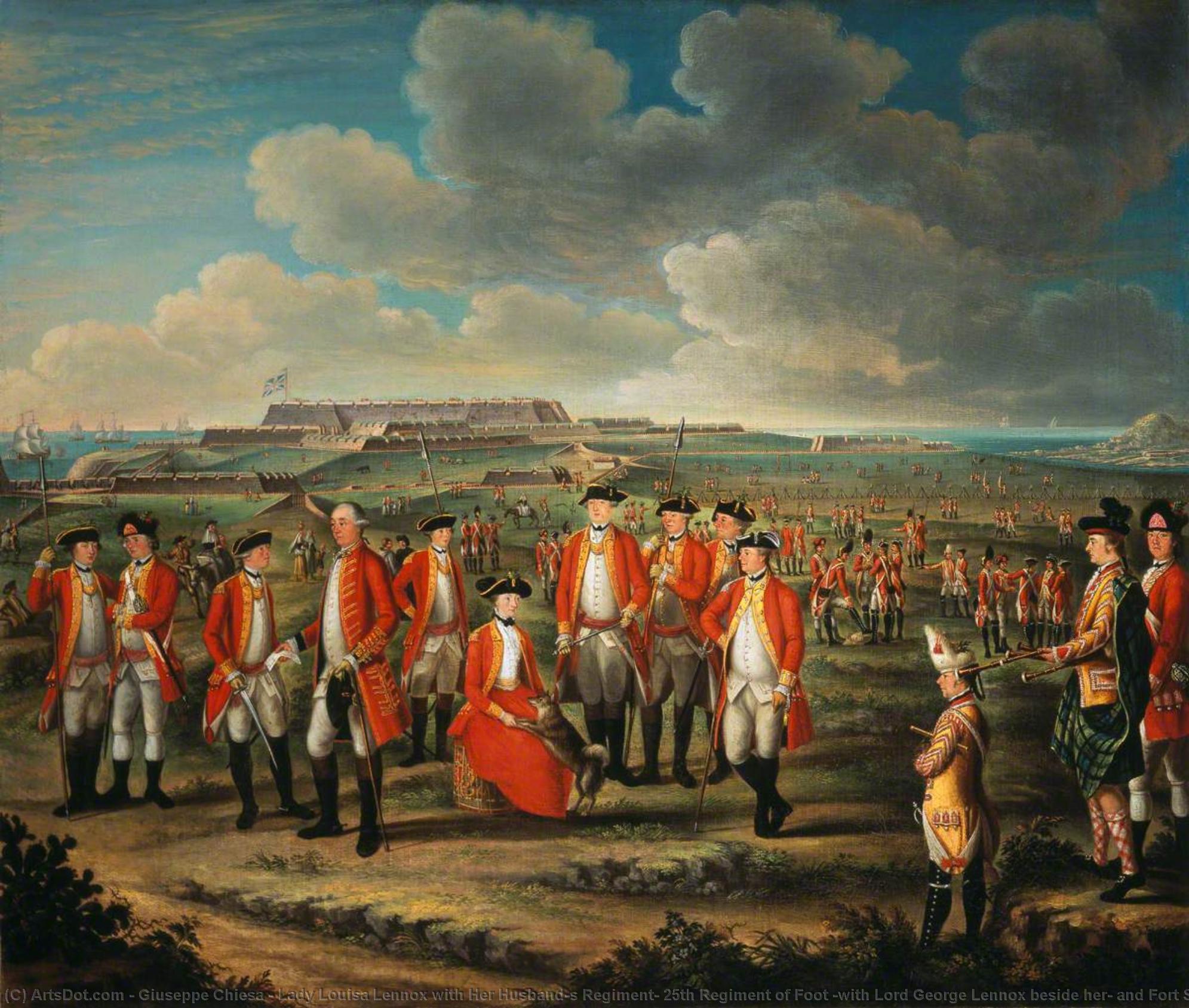 Wikioo.org - The Encyclopedia of Fine Arts - Painting, Artwork by Giuseppe Chiesa - Lady Louisa Lennox with Her Husband’s Regiment, 25th Regiment of Foot (with Lord George Lennox beside her, and Fort St Philip, Port Mahon, in the background)