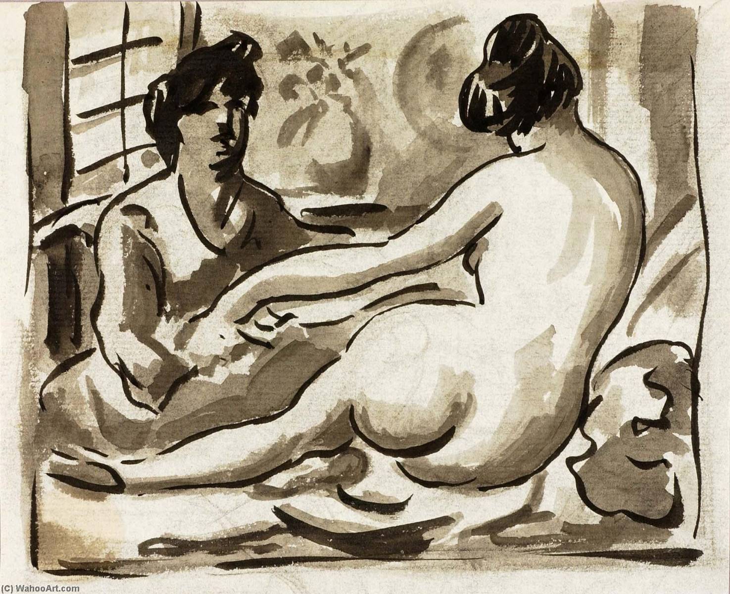 Wikioo.org - The Encyclopedia of Fine Arts - Painting, Artwork by Carl Newman - Reclining Female Nude with Attendant