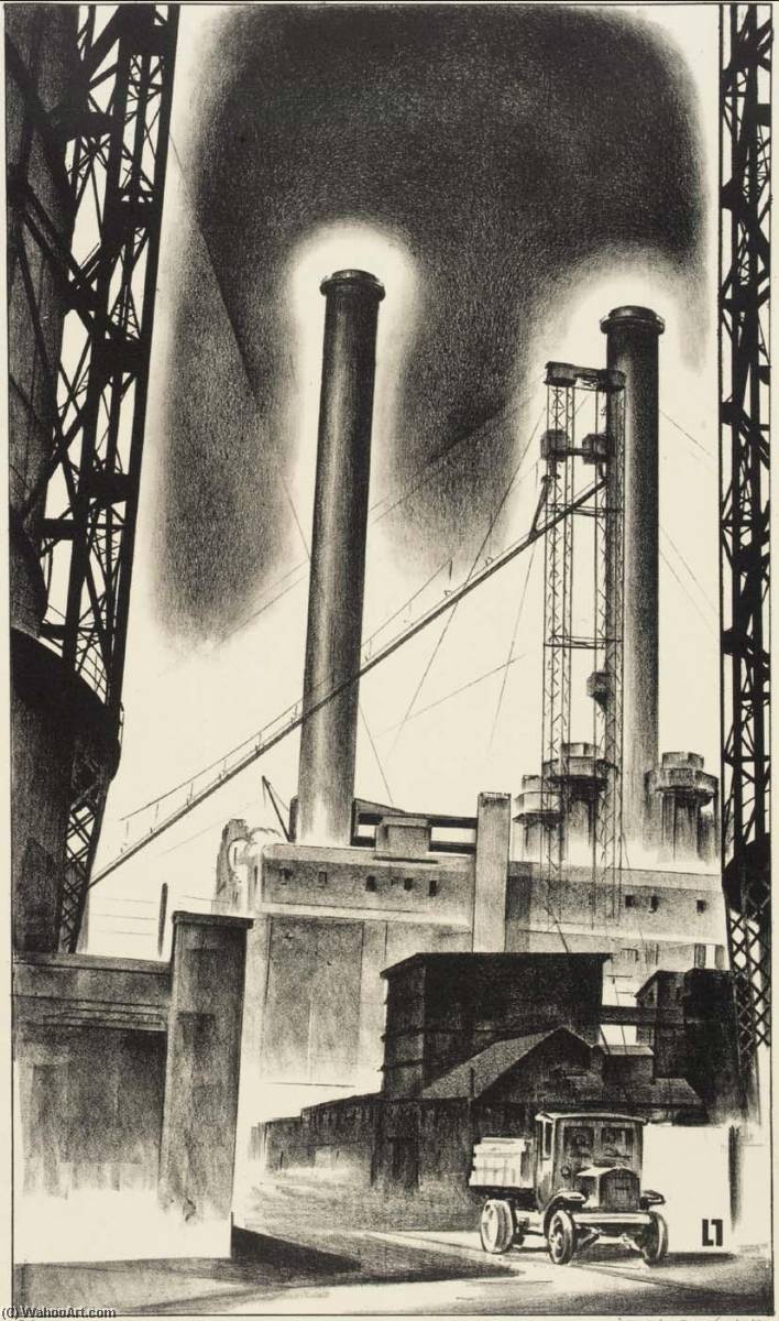 Wikioo.org – La Enciclopedia de las Bellas Artes - Pintura, Obras de arte de Louis Lozowick - Edison Cultivar ( Industrial Arquitectura ) ( planta de gas )
