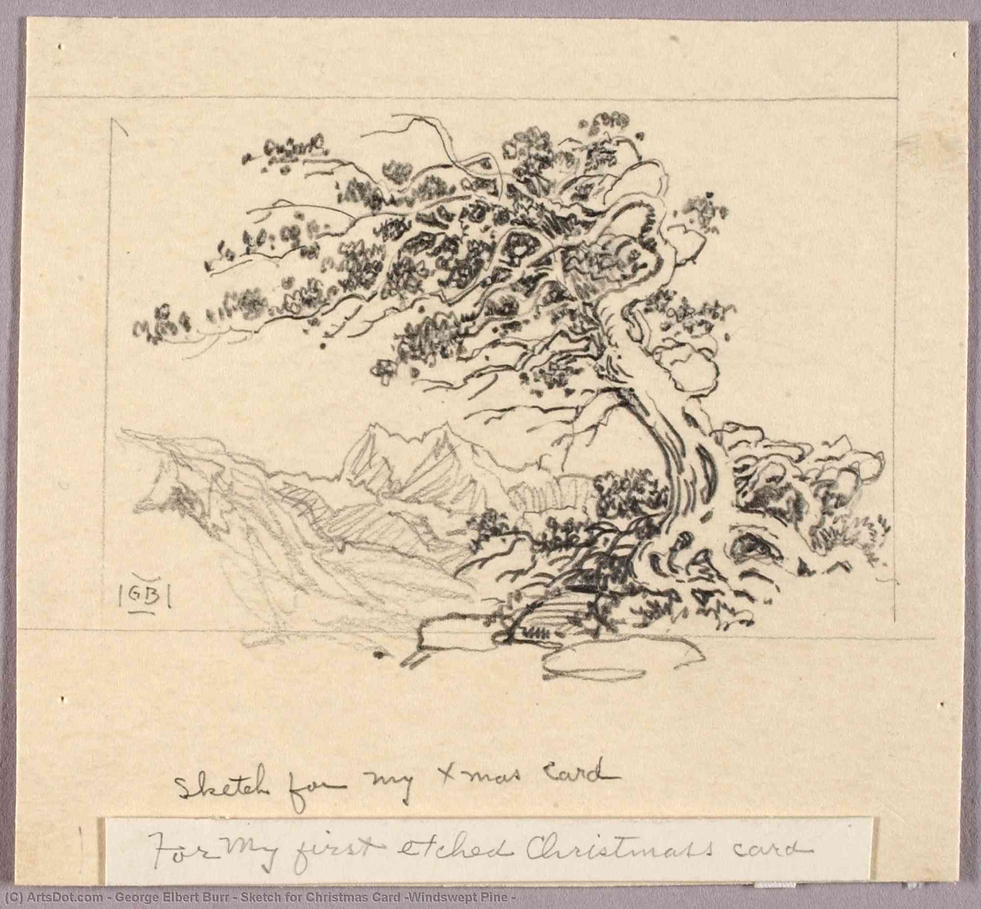 WikiOO.org - Encyclopedia of Fine Arts - Lukisan, Artwork George Elbert Burr - Sketch for Christmas Card (Windswept Pine )