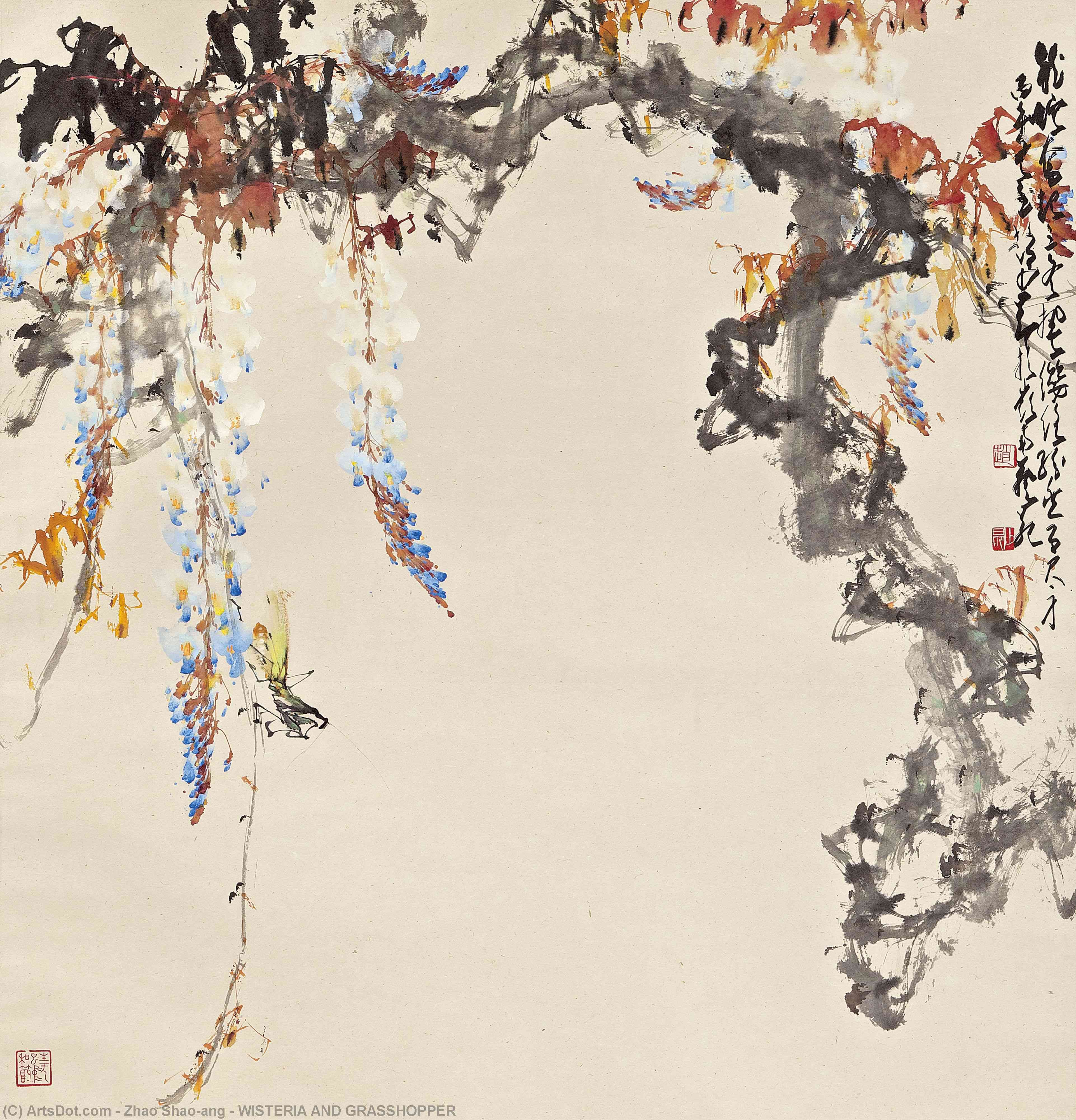 Wikoo.org - موسوعة الفنون الجميلة - اللوحة، العمل الفني Zhao Shao'ang - WISTERIA AND GRASSHOPPER