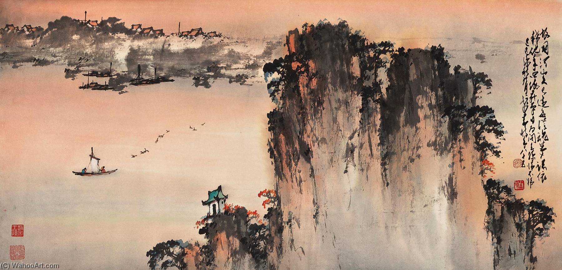 WikiOO.org - Encyclopedia of Fine Arts - Lukisan, Artwork Zhao Shao'ang - SAILING HOME AT SUNSET