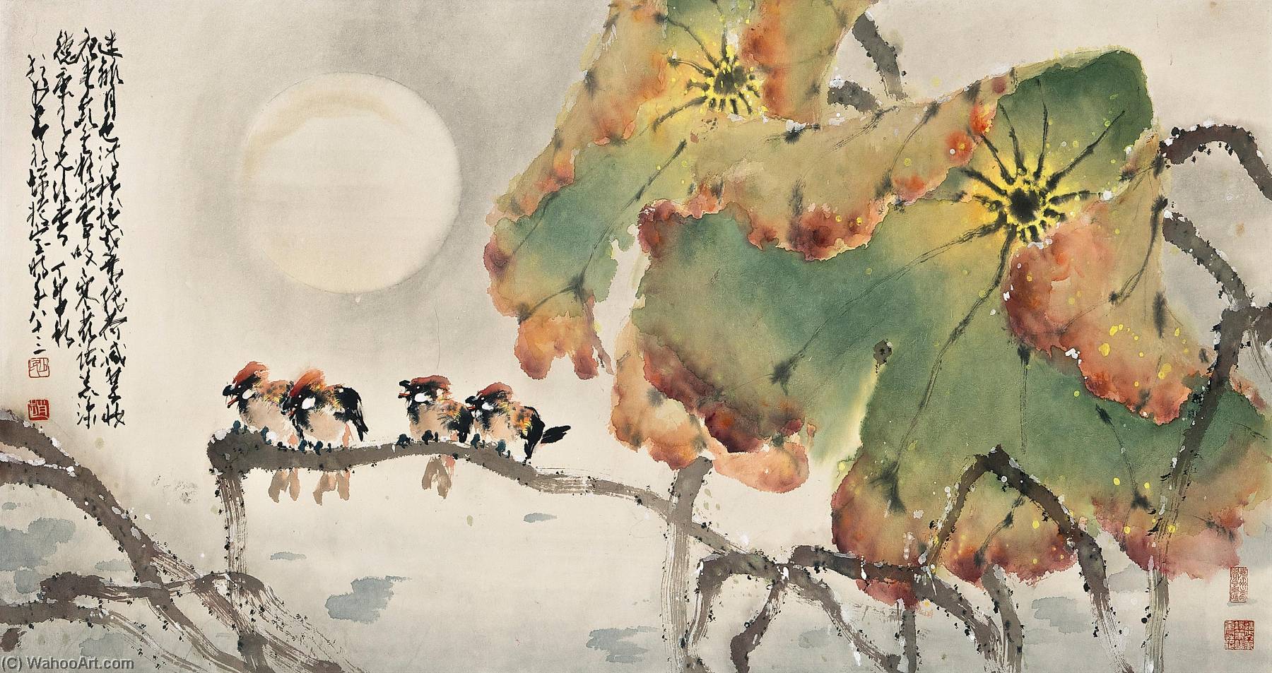 Wikoo.org - موسوعة الفنون الجميلة - اللوحة، العمل الفني Zhao Shao'ang - LOTUSES AND BIRDS IN THE MOONLIGHT