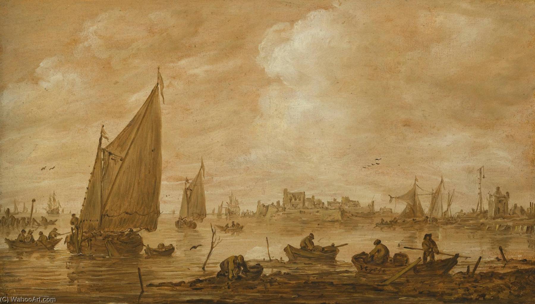Wikioo.org - The Encyclopedia of Fine Arts - Painting, Artwork by Jan Josefsz Van Goyen - View of a Dutch estuary with fishermen boats