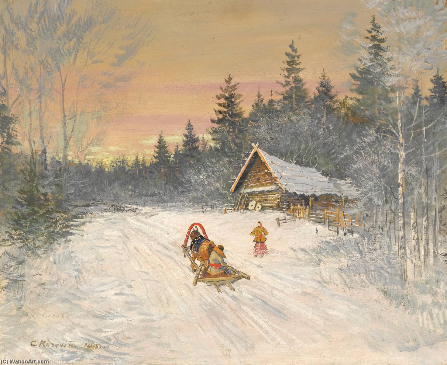 Wikioo.org - Bách khoa toàn thư về mỹ thuật - Vẽ tranh, Tác phẩm nghệ thuật Konstantin Alekseyevich Korovin - Russian Village under Snow