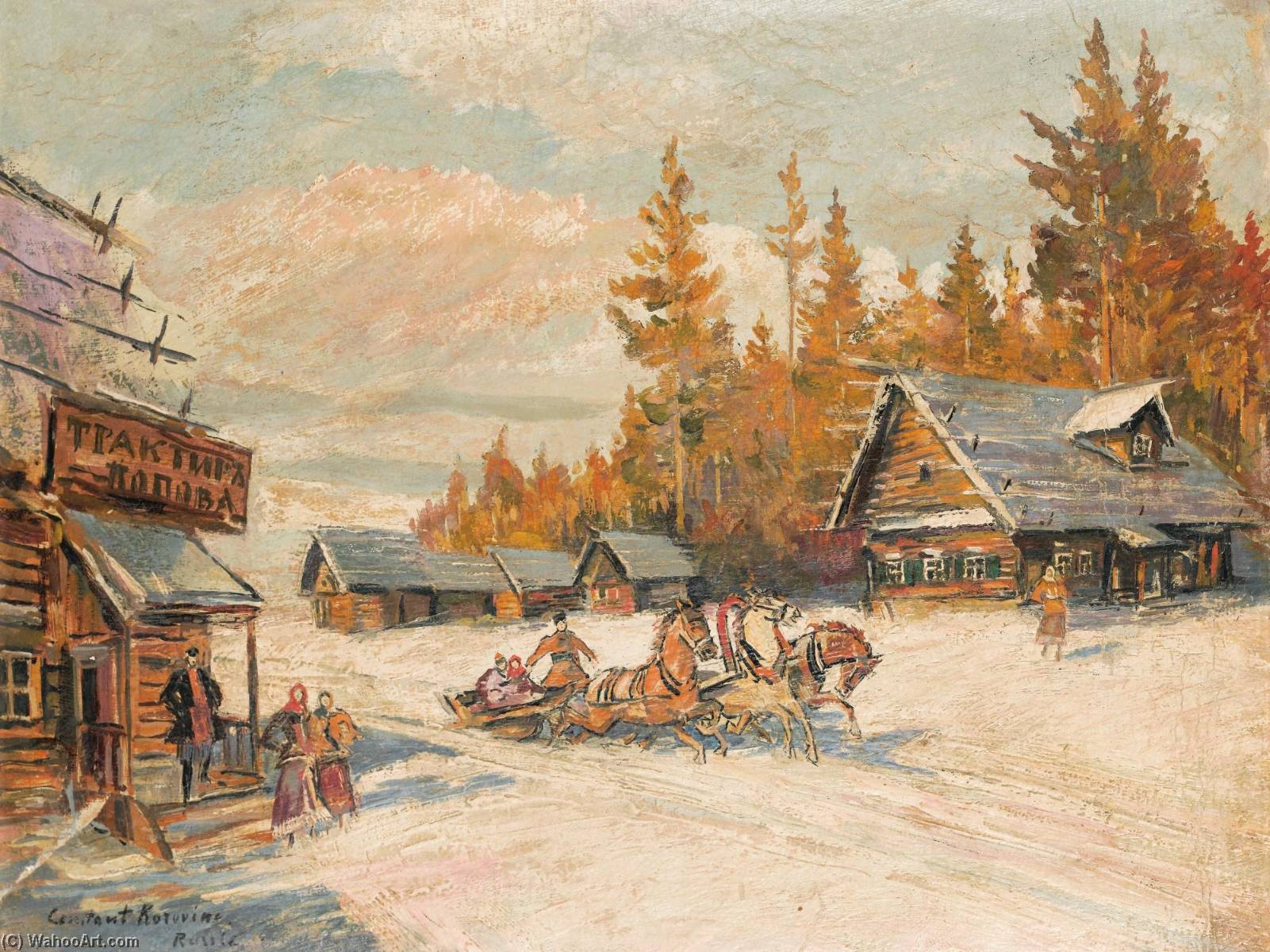 Wikioo.org - The Encyclopedia of Fine Arts - Painting, Artwork by Konstantin Alekseyevich Korovin - Winter scene with Troika Winter Sleigh Ride