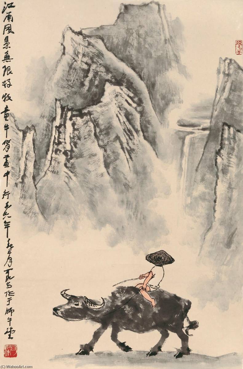 WikiOO.org – 美術百科全書 - 繪畫，作品 Li Keran - 羊群效应 对  的  山腰