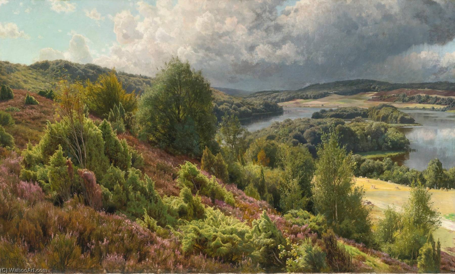 Wikioo.org - The Encyclopedia of Fine Arts - Painting, Artwork by Peder Mork Monsted - Heather Covered Hills by the Lakes Near Silkeborg
