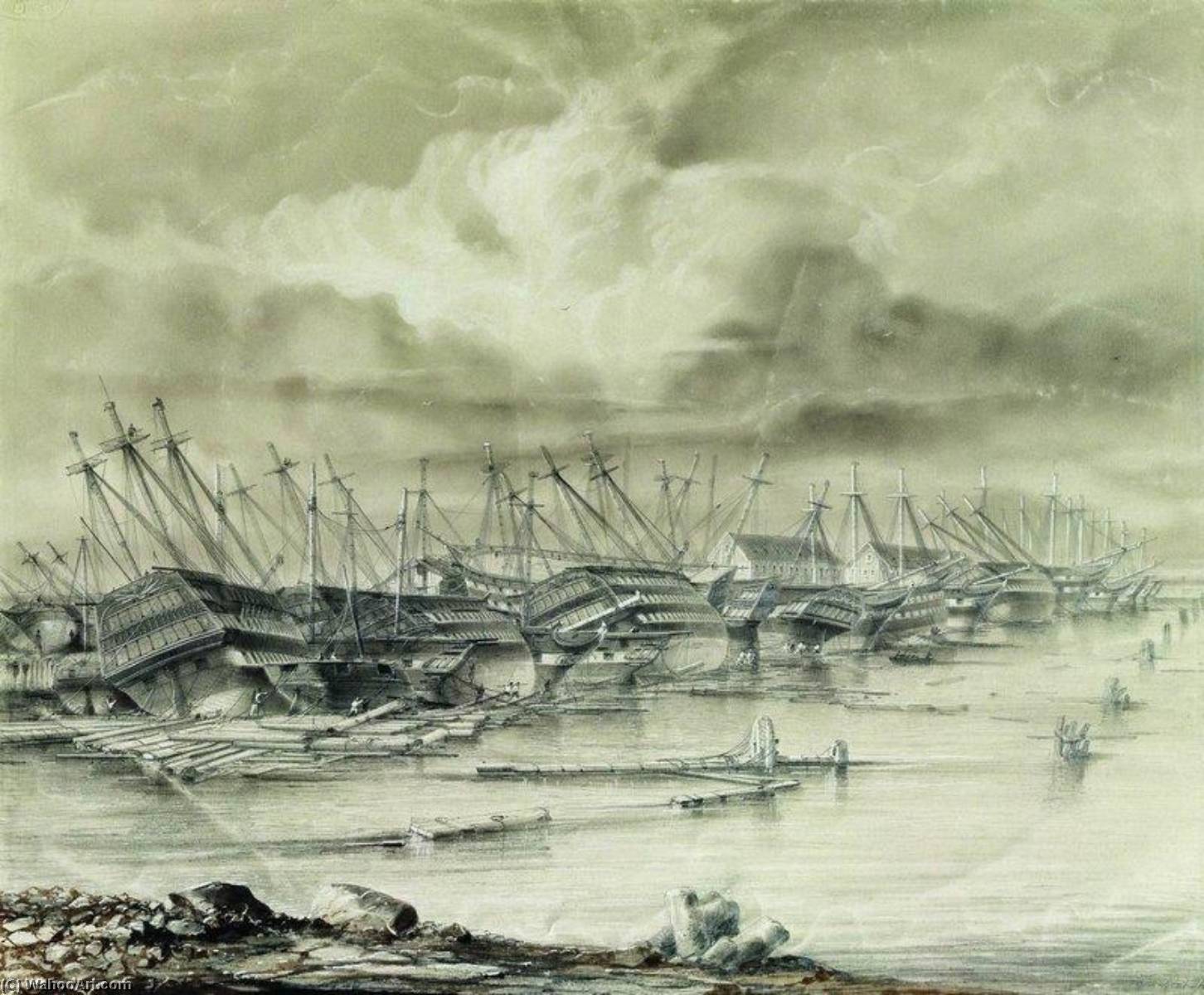 WikiOO.org - Encyclopedia of Fine Arts - Lukisan, Artwork Alexey Petrovich Bogolyubov - Kronstadt Harbour after the Flooding
