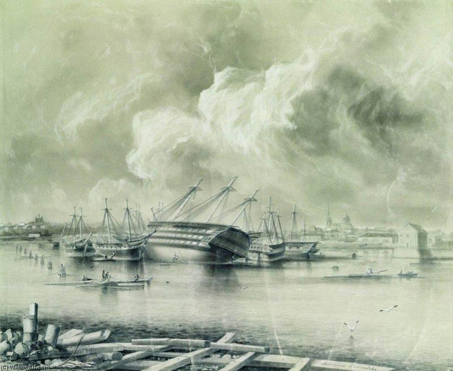 Wikioo.org - The Encyclopedia of Fine Arts - Painting, Artwork by Alexey Petrovich Bogolyubov - Kronstadt after the Flooding