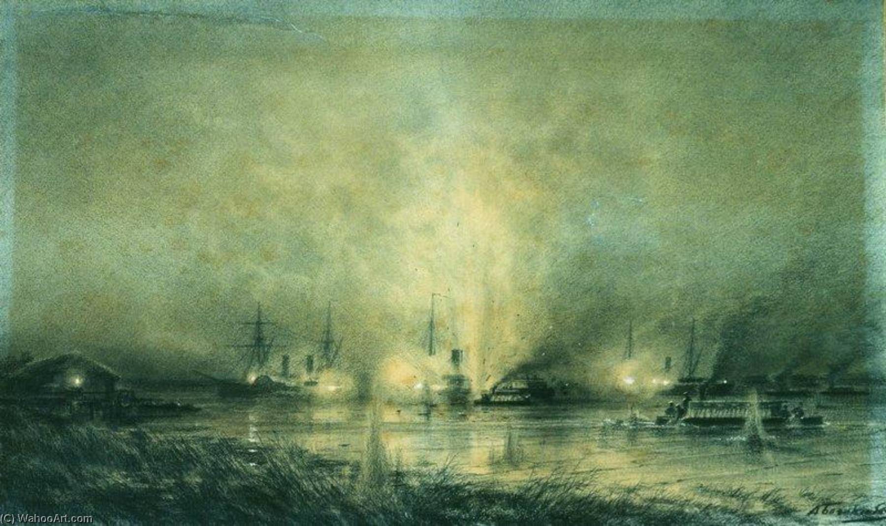 Wikioo.org - The Encyclopedia of Fine Arts - Painting, Artwork by Alexey Petrovich Bogolyubov - The Explosion of a Turkish Warship on the Danube